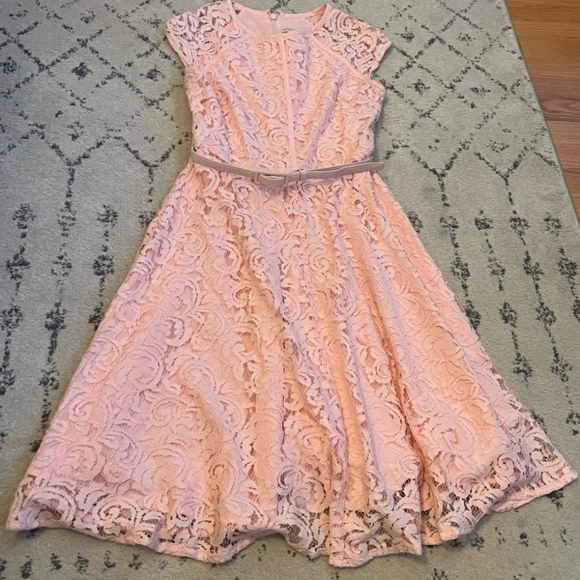 Cap sleeve pink lace fit and flare midi dress - Picture 2 of 4